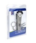 Packaged All In One Golf Multi Tool With Divot Repair Tool Ball Marker And Club Groove Brush Pen And Keyring shown in plastic case