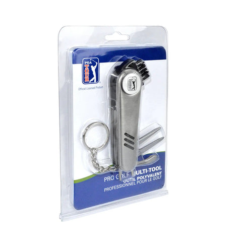 Packaged All In One Golf Multi Tool With Divot Repair Tool Ball Marker And Club Groove Brush Pen And Keyring shown in plastic case