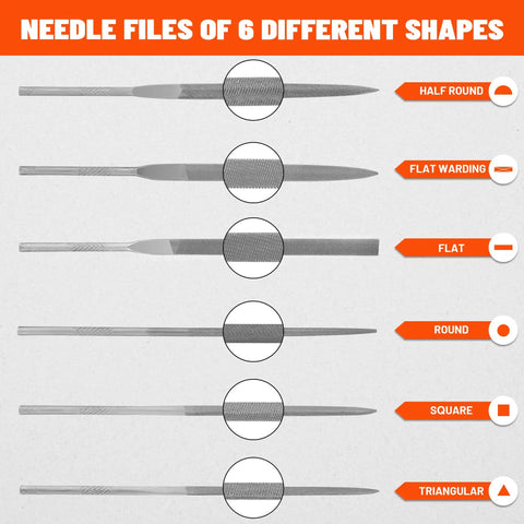 6 needle files in shapes for 7 Piece Interchangeable Needle File Set With Flat Warding Round Half Round Square And Triangular Files