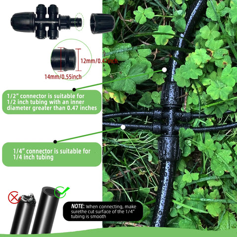Six Pack One Half To One Quarter Inch Drip Irrigation Fittings Push To Fit Barbed Tee Splitter Leakproof Connector in use