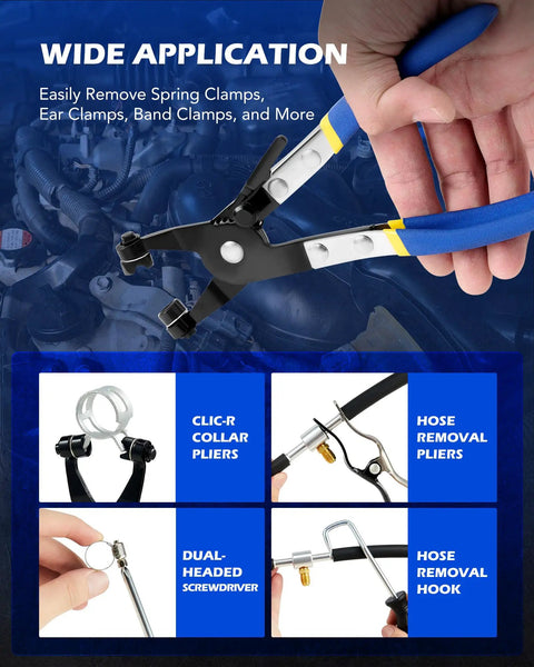 9 Piece Hose Clamp Pliers Set for Automotive Fuel Oil and Water Hoses With Long Reach Clic R Type Swivel Jaw Flat Band Pliers