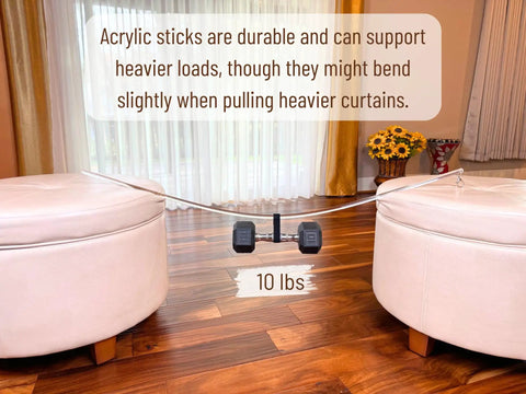 46 Inch All Clear Acrylic Curtain Pull Wand Set Four Pack Durable Clear Drape Rod Pulls For Windows Easy Install And Clean Simple Slick Look With Impact Resistant And Weather Resistant Build, clear acrylic wand bent under 10 lbs