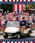 Golf cart with Patriotic Fourth Of July Giant Hat Golf Cart Decoration Set With Red White Blue Star Tinsel and Rope in parade.