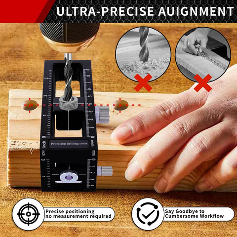 2-in-1 Auto Centering Dowel Drilling Jig With 8 Drill Bushings 3-10mm positioned over lumber for precise hole alignment.