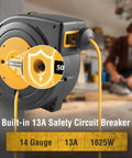 50 Ft Retractable Extension Cord Reel With 14 Gauge SJTOW Cable mounted on wall, 13 Amp Breaker, yellow cord, workshop.