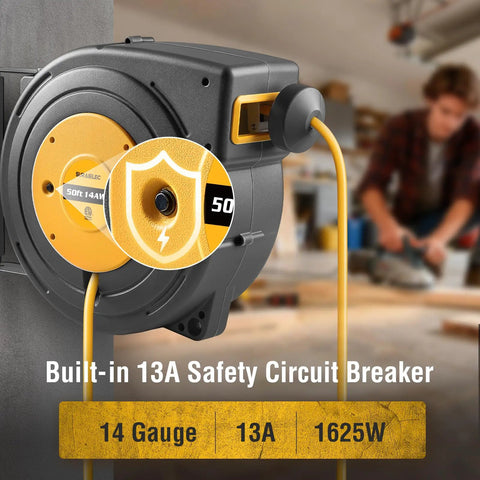 50 Ft Retractable Extension Cord Reel With 14 Gauge SJTOW Cable mounted on wall, 13 Amp Breaker, yellow cord, workshop.