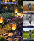 12 Pack Solar Torch Lights With Realistic Flickering Flame installed in garden, showing waterproof, dustproof, frost and heat resistant features.