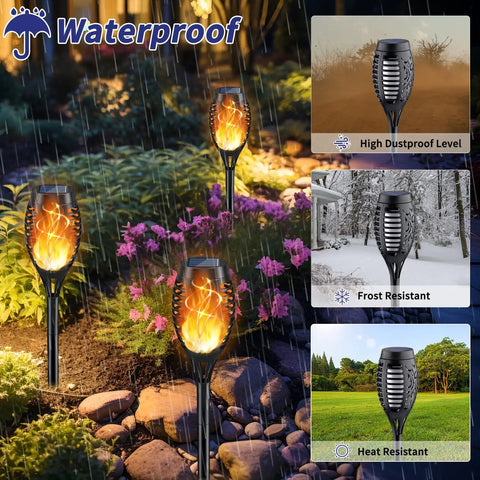 12 Pack Solar Torch Lights With Realistic Flickering Flame installed in garden, showing waterproof, dustproof, frost and heat resistant features.
