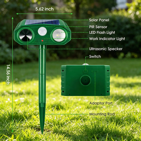 Solar Powered Outdoor Animal Deterrent with Motion Activated Ultrasonic Alerts and LED Strobe Lights, two-pack unit