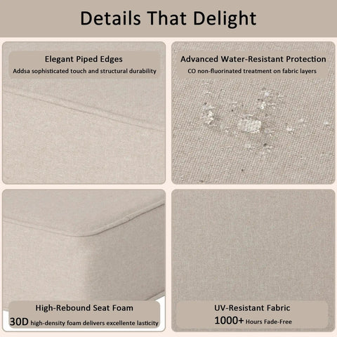 Details of thick outdoor patio cushions showing elegant edges, water-resistant fabric, high-rebound foam, and UV protection.