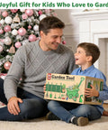 Father and son smiling with 10 Piece Kids Gardening Tools Set With Wheelbarrow Shovel Rake Hoe And Leaf Rake For Outdoor play box