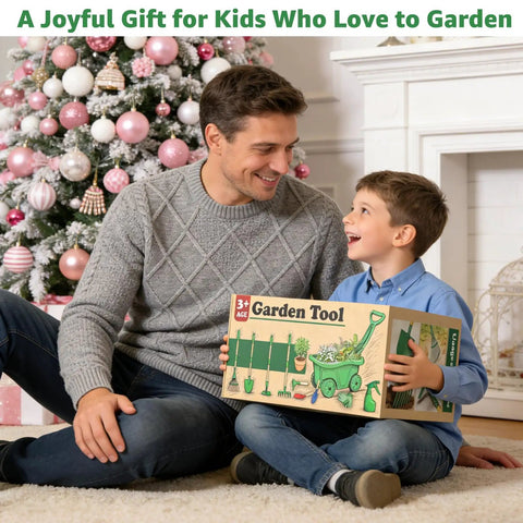 Father and son smiling with 10 Piece Kids Gardening Tools Set With Wheelbarrow Shovel Rake Hoe And Leaf Rake For Outdoor play box