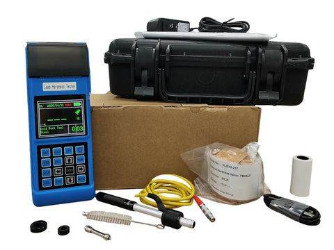 Road Ready On Site Leeb Hardness Tester With Built In Thermal Printer And Bright Graphic Screen For No Sweat Steel Testing Any Place You Park Your Work Truck, showing display, accessories, and case.