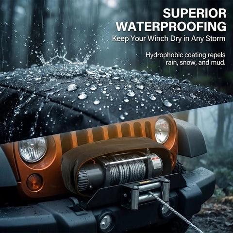 Heavy Duty Winch Cover Waterproof for 8500-17500 Lbs Winches Built To Last All Weather Dustproof and Rainproof Oxford Fabric Shield for Off Road 4x4 Trucks Jeeps and SUVs, black cover on winch