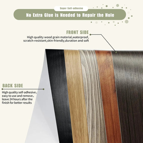 Wood Grain Tape Self Adhesive 3.9 Inch By 15 Foot For Tables Chairs Baseboards Doors Windows Floors And Furniture Renovation Black Finish Easy DIY Scratch Repair For Cabinets And More, front view of black finish roll showing texture and self-adhesive back.