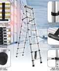 8.53 Ft A Frame Aluminum Telescoping Ladder With 9 Plus 9 Steps Silver Built Tough Like A Workhorse For Home Projects Holds Up To 330 Lb Lightweight And Sturdy For Garage Roof And Loft Tasks. A-frame aluminum ladder with handgrip, strap, and anti-slip feet