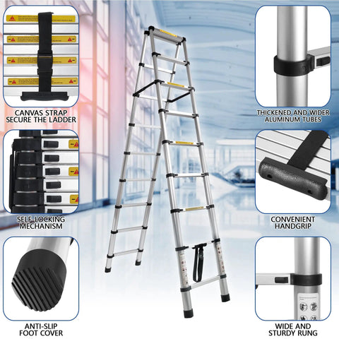 8.53 Ft A Frame Aluminum Telescoping Ladder With 9 Plus 9 Steps Silver Built Tough Like A Workhorse For Home Projects Holds Up To 330 Lb Lightweight And Sturdy For Garage Roof And Loft Tasks. A-frame aluminum ladder with handgrip, strap, and anti-slip feet