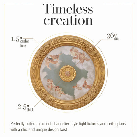 Antique Cherubs Sky Gold Trim Round Ceiling Medallion, 36 Inch Diameter Polystyrene Chandelier Plate Molding For Living Room