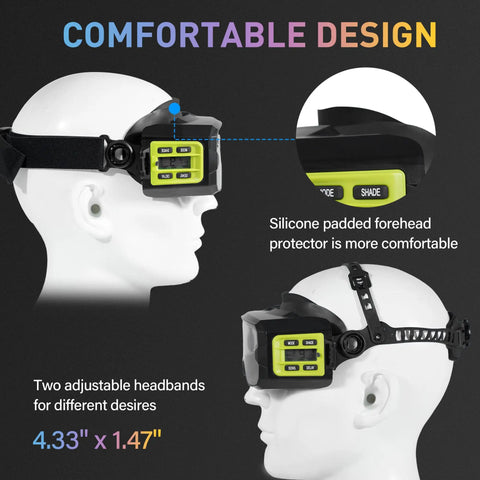 Heavy Duty Full Face Auto Darkening Welding Helmet with True Color Lens and Spacious Viewport, showing silicone padding and adjustable headbands.