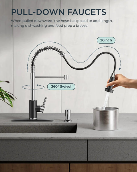 Pull Down Sprayer Kitchen Faucet, Stainless Steel, 26-inch hose extended, Black Chrome, classic spring design, 360° swivel