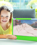 Girl smiling next to Large Viewing Ant Farm for Live Ants, Hands On STEM Toy, DIY Science Kit, Educational Nature Learning Activity, Green