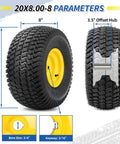 20x8.00-8 Lawn Mower Tires and Wheels 2 Pack Tubeless 4 Ply 3.5 Inch Offset Hub 3/4 Bore Keyway Replacement for Riding Tractor Mower