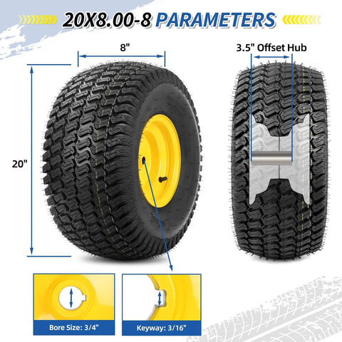 20x8.00-8 Lawn Mower Tires and Wheels 2 Pack Tubeless 4 Ply 3.5 Inch Offset Hub 3/4 Bore Keyway Replacement for Riding Tractor Mower
