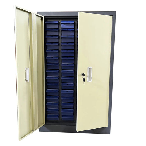 60-Drawer Bolt And Nut Storage Cabinet For Workshop, open view showing blue drawers, durable cold-rolled steel with doors.