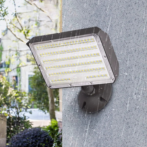 Mounted Two Pack 80W Outdoor LED Flood Light With Dusk To Dawn Photocell, 5000K Daylight, 12,000 Lumens, IP65 in rain