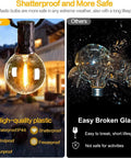 Comparison of shatterproof LED bulb vs broken glass bulb for Two Pack 100 Foot Outdoor String Lights With Dimmable G40 LED Bulbs That Are Shatterproof And Weatherproof End To End Connectable Up To Nine Times 100 Feet So Your Patio Backyard Cafe Porch Vibe Stays Lit.