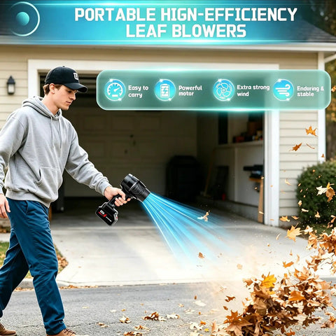 Person using Cordless Leaf Blower With Two 4Ah Batteries And Charger Electric Handheld Blower for lawn care and leaf removal