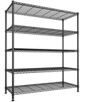 Rock Solid Heavy Duty 5 Tier Wire Shelving Rack 45 Inches Wide Adjustable Storage Organizer Carrying Up To 1000 Pounds Matte Black with open shelves.