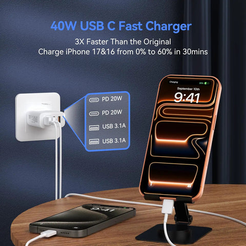 40W USB C Charger Fast Power Block With Four Ports PD Power Delivery And QC 3.0 USB C And USB A Multi Port Wall Charger charging phone