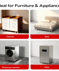 Four images showing heavy duty furniture dolly with 5 wheels used for cabinet, bed, washing machine, and safe relocation.