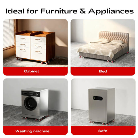 Four images showing heavy duty furniture dolly with 5 wheels used for cabinet, bed, washing machine, and safe relocation.