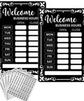 Two Pack Changeable Business Hours Signs For Doors And Windows With Six Time Stickers In Durable Black PVC Measuring 13.78 By 9.45 Inches