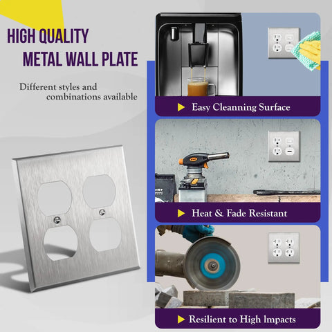 Double Duplex Receptacle Metal Wall Plate in Stainless Steel Corrosion Resistant 2-Gang 4.50 x 4.57 Inches Cover in use