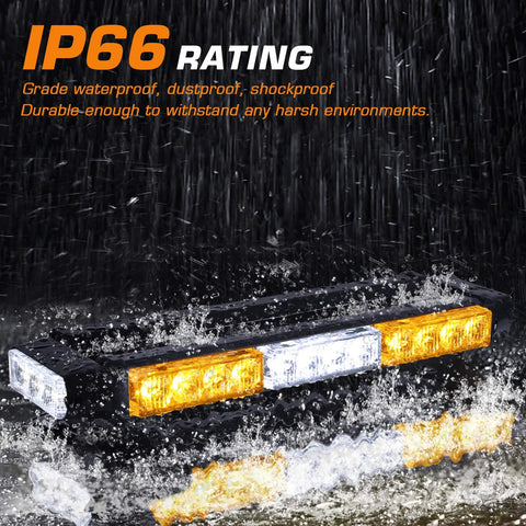 Double Sided 30 LED Strobe Light Bar With Ultra Bright Amber And White Emergency Beacon Magnetic Roof Mount Boss Level Hazard Warning Light for Trucks Vehicles SUVs And Vans in rain showing IP66 rating