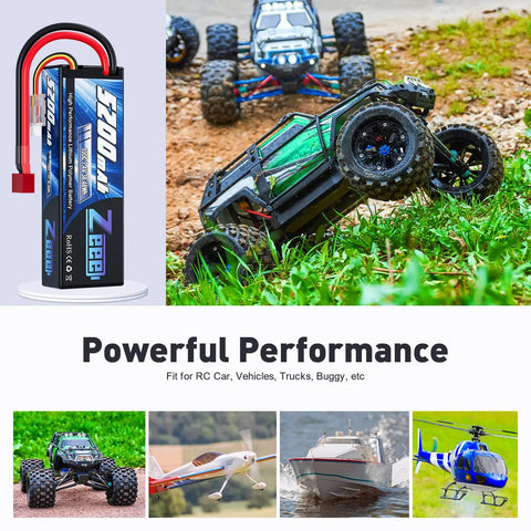 Beefy 2S 5200mAh 7.4V 100C LiPo Battery With T Connector for RC cars showcasing performance with vehicles on various terrains.