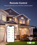 Hand holding phone with app controlling Single Pole Smart Dimmer Switch With Neutral Wire Required 2.4GHz WiFi Works With Alexa Google Home UL Certified White Four Pack No Brainer App Control Voice Command Dimmer Memory Safe LED Dimming Up To 150W next to house