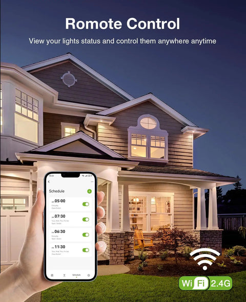 Hand holding phone with app controlling Single Pole Smart Dimmer Switch With Neutral Wire Required 2.4GHz WiFi Works With Alexa Google Home UL Certified White Four Pack No Brainer App Control Voice Command Dimmer Memory Safe LED Dimming Up To 150W next to house