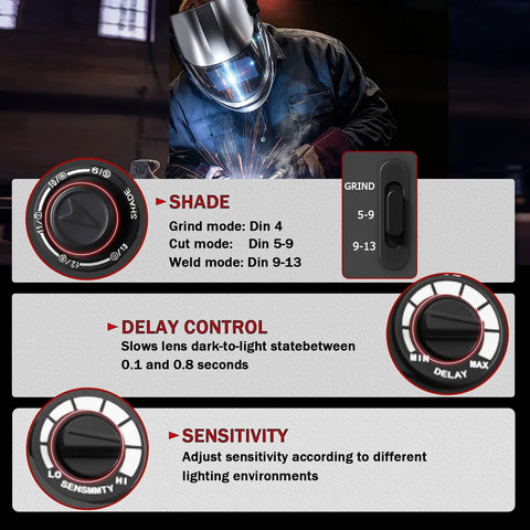 Auto Darkening Welding Helmet With True Color View Large Viewing Window Solar And Battery Powered Wide Shade Range 4/5-13 4 Arc Sensors High Clarity Welder Mask For TIG MIG Stick Perfect For Pros And DIYers with shade and sensitivity controls, welder using helmet in background.