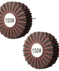 Two 150 grit nylon flap wheels with 1/4 inch shank for drill or rotary tool, ideal for woodworking and rust removal