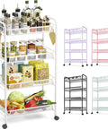 Four Tier Rolling Metal Cart With Three Hooks, Easy Assembly Mobile Storage Trolley on wheels in white holding kitchen items.