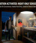 Badass Sunlight Solar Shed Light With Motion Sensor And Remote Switch 3200 Lumens IP65 Waterproof Hanging Lamp for Barn garage in use.