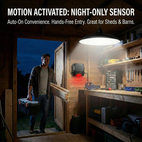 Badass Sunlight Solar Shed Light With Motion Sensor And Remote Switch 3200 Lumens IP65 Waterproof Hanging Lamp for Barn garage in use.