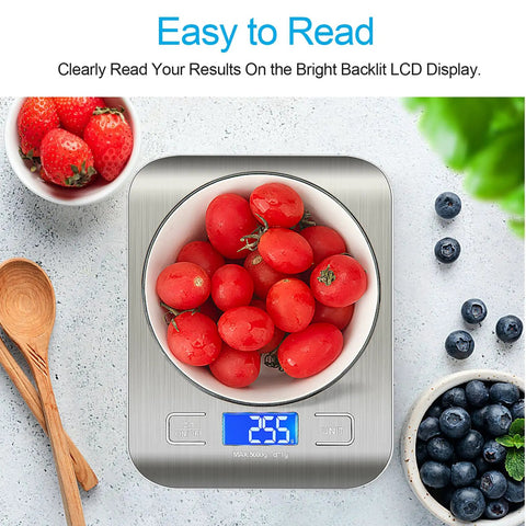 Pro Grade Ultra Precise Kitchen Scale For Cooking And Meal Prep With Easy Unit Conversion In Grams Ounces Milliliters And Kilograms, Stainless Steel Food Scale With LCD Display For Baking Keto And Weight Loss, showing tomatoes in a bowl on the scale.