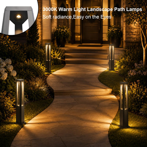 Modern Black LED Pathway Lights Sleek Cone Bollards illuminate a garden path with warm 3000K glow for outdoor use.