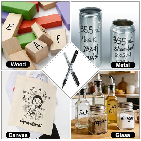 Bulk Black Permanent Markers 150 Pack With Fine Point Tips used on wood, metal, canvas, and glass materials showing versatility