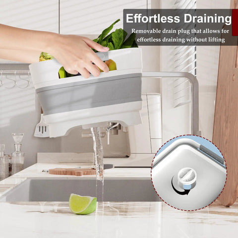 Collapsible Wash Basin With Drain Plug 2.4 Gallons For Kitchen And Camping shown draining water with easy-drain design
